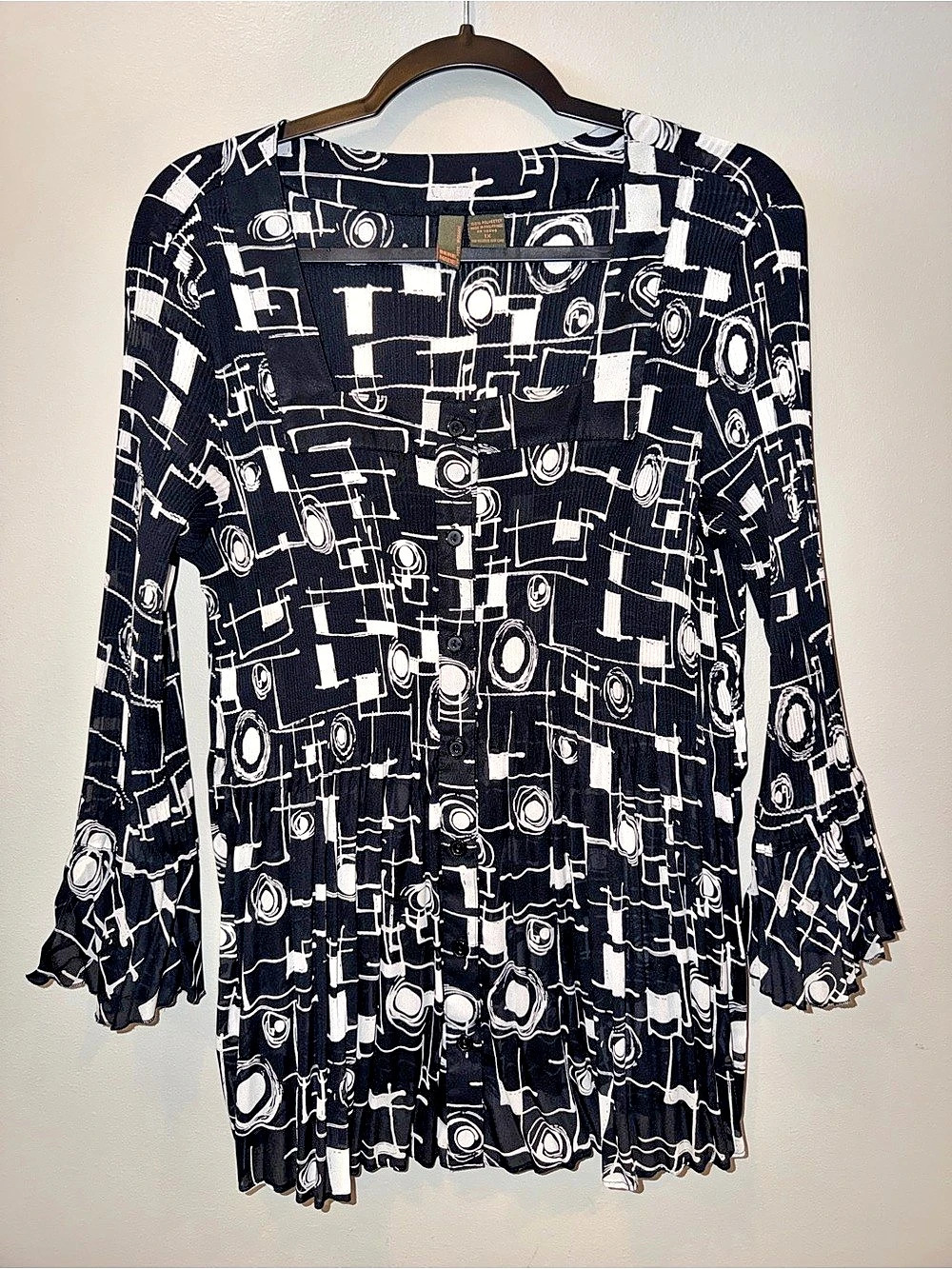 Serenade Geometric Crinkle Pleated Blouse Square Neck Bell Sleeve Vintage 1X